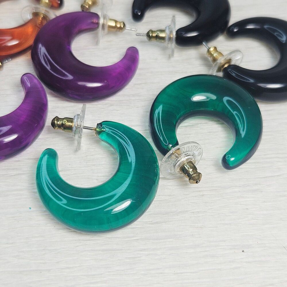 Joan Rivers 4 Pr Clear Puffy Hoop Earrings Green Black Purple Brown - Picture 12 of 12